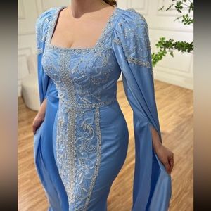 Blue Cape Sleeves Luxury Evening Dresses Gowns 2025 Mermaid Beaded Elegant For Women Party LA72086 main image 0